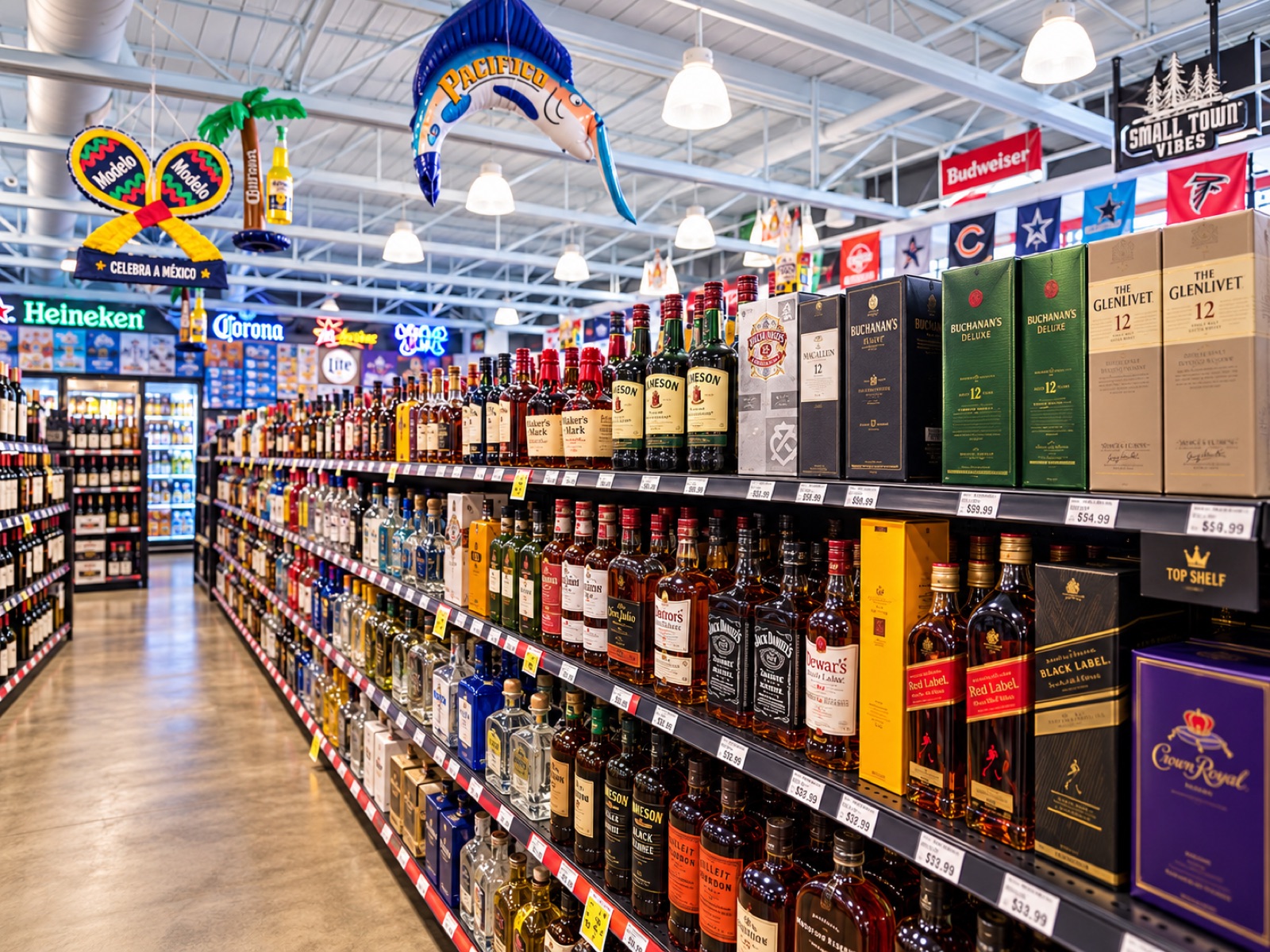 The top-shelf run: bourbon, scotch and cognac stacked to the ceiling under a Celebra a México banner.