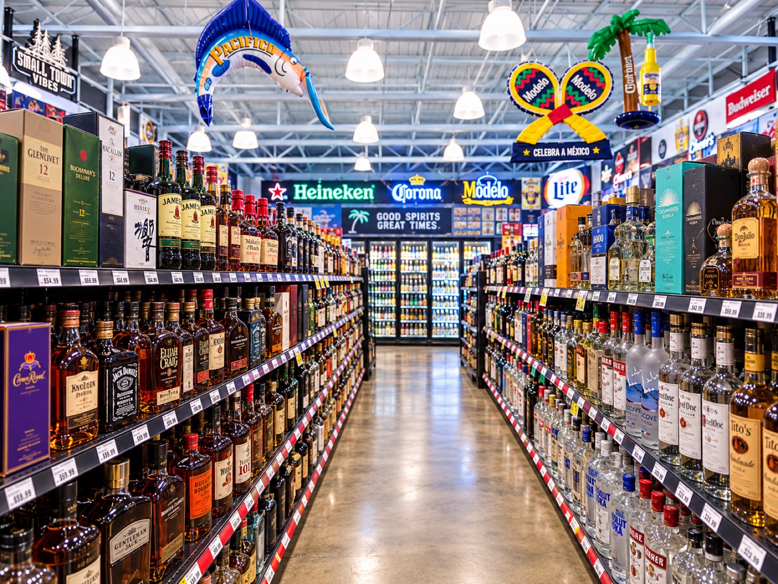 Looking down the main aisle: whiskey and bourbon on the left, tequila and vodka on the right, beer coolers at the back.