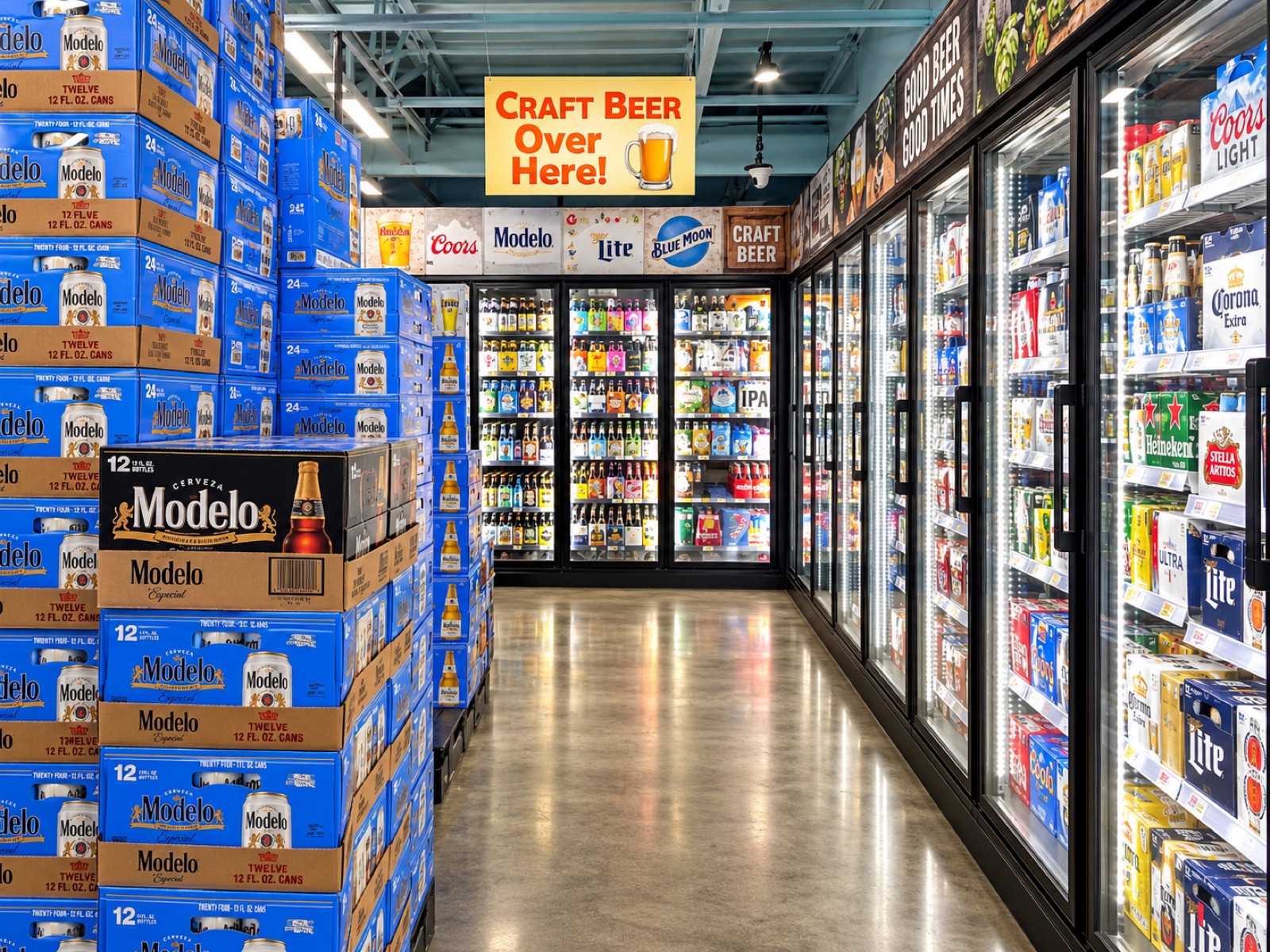 The cold aisle: glass-door coolers full of beer down one side, stacked Modelo cases down the other.