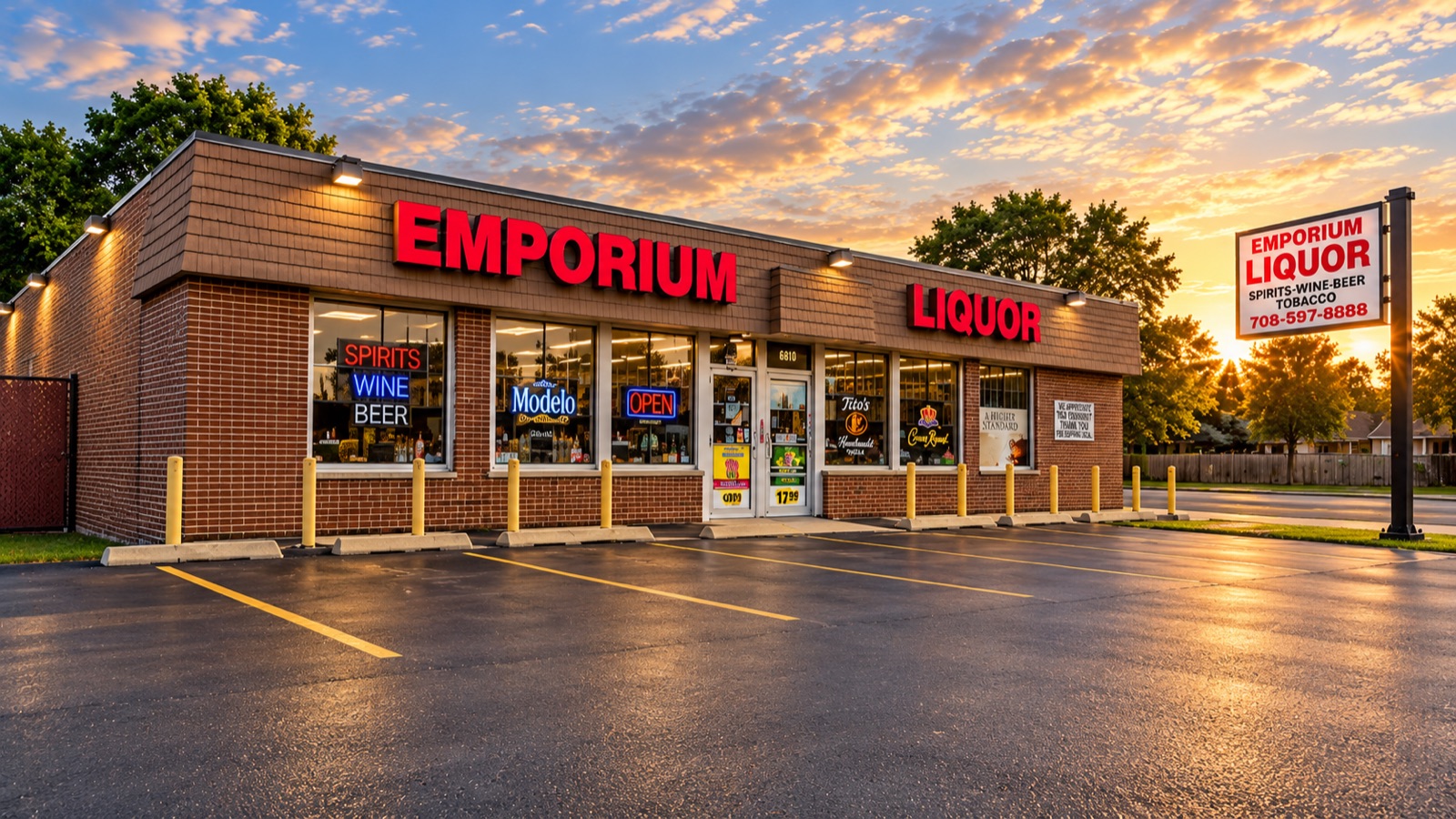 The store from the parking lot in the morning, sign lit, spirits-wine-beer painted on the window.