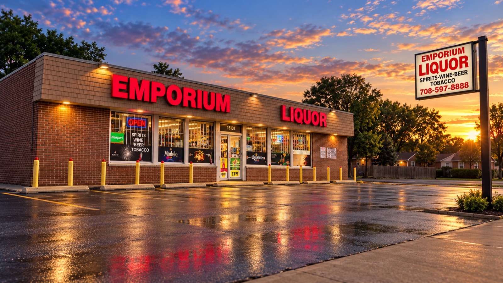 The store at dusk after rain, lit red channel letters reflecting off the wet parking lot.